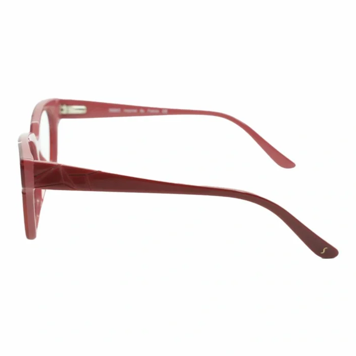 bold red geometric eyeglass frame side