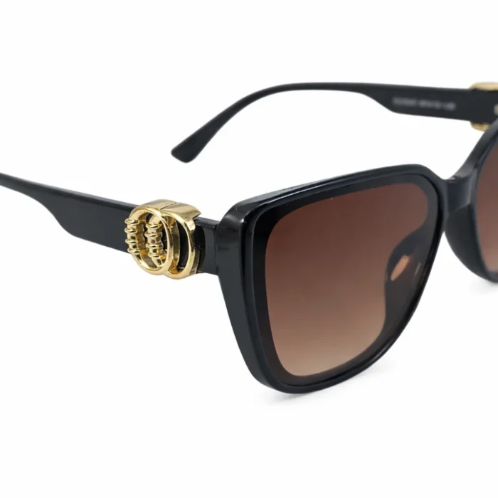 Black sunglasses close up of temple with gold design premium stylish eyewear