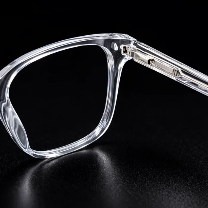 transparent eyeglasses clear frame hinge detail