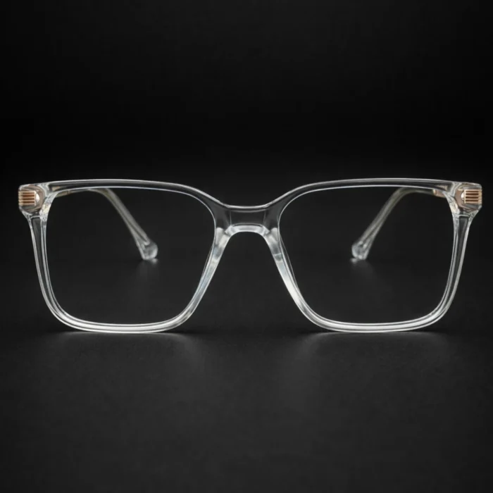 clear square transparent eyeglasses with gold temples front view