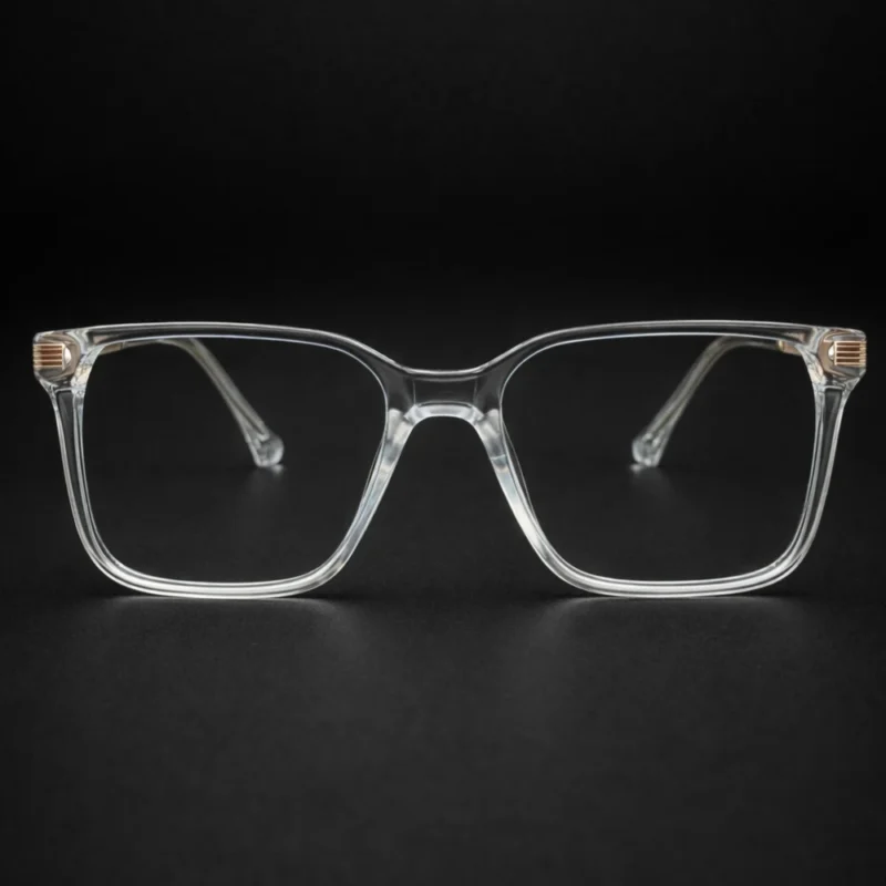 clear square transparent eyeglasses with gold temples front view