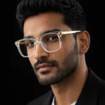 man wearing clear square eyeglasses with gold temples