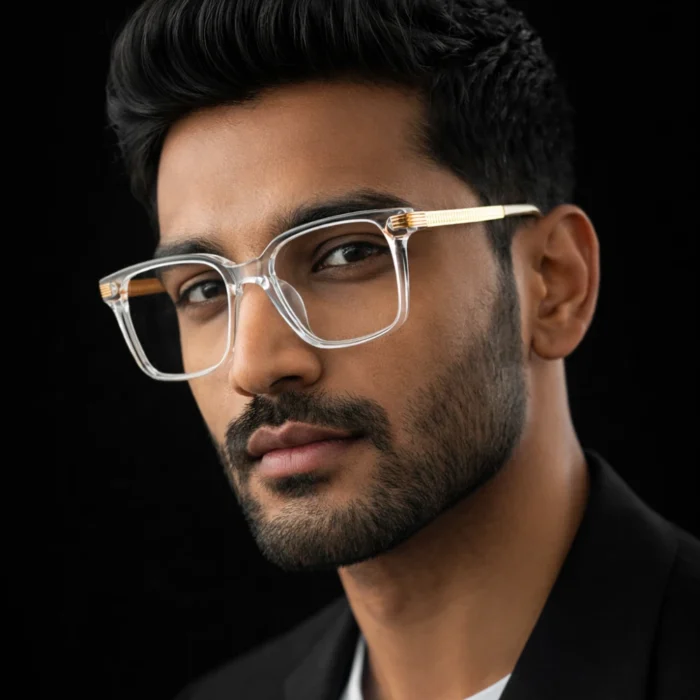 man wearing clear square eyeglasses with gold temples