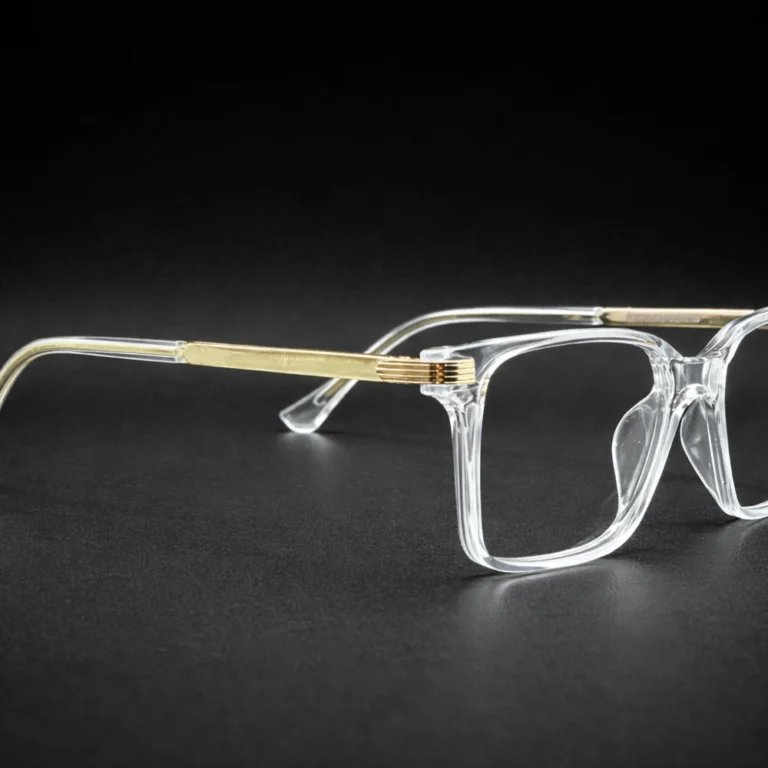 designer clear frame eyeglasses gold temple arms