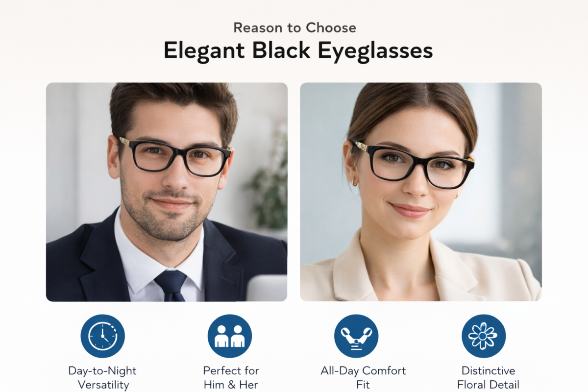 Promotional image showing a man and woman wearing elegant black square eyeglasses, with text highlighting features like day-to-night versatility, unisex design, all-day comfort fit, and distinctive floral detail.