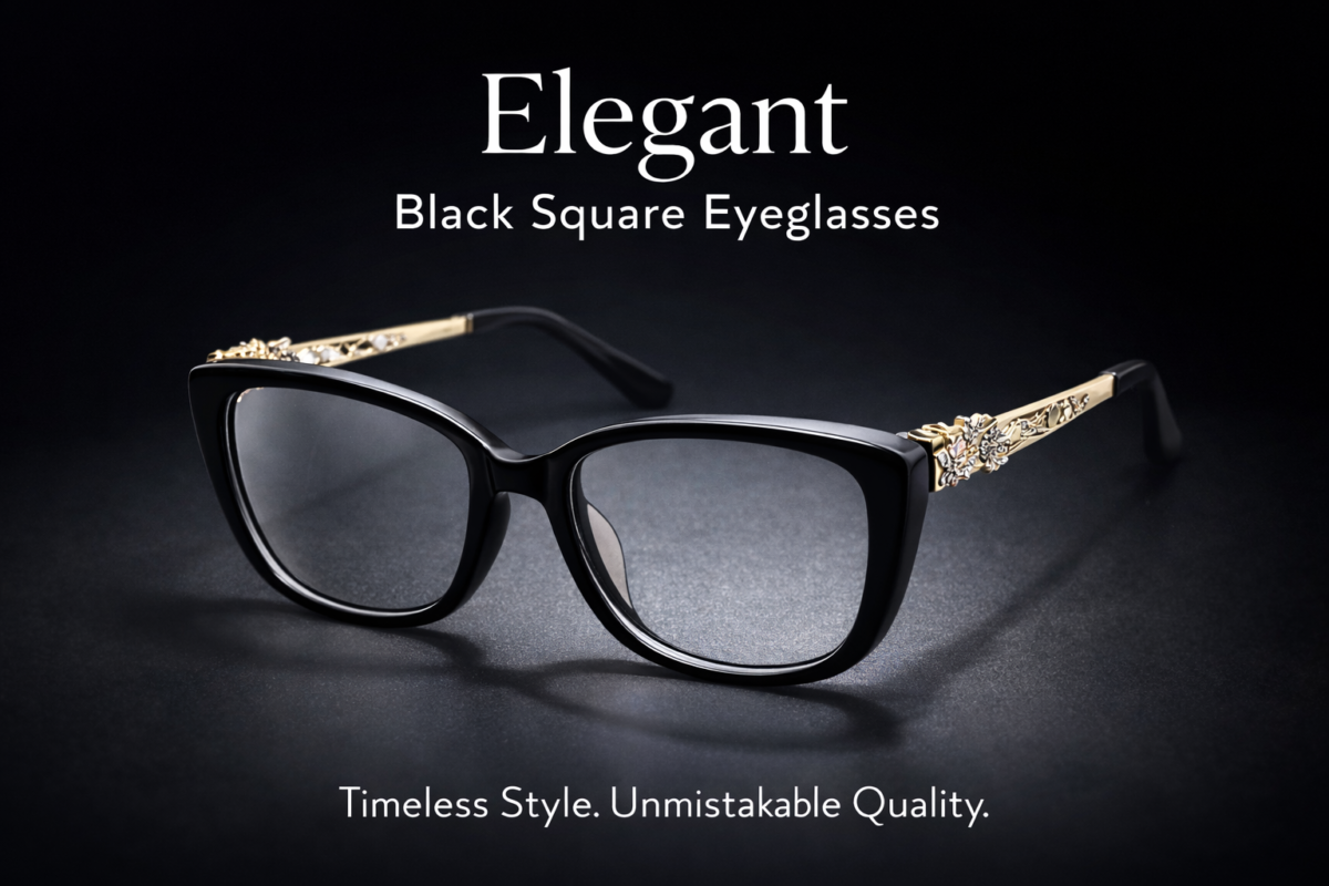 Elegant black square eyeglasses with floral temple