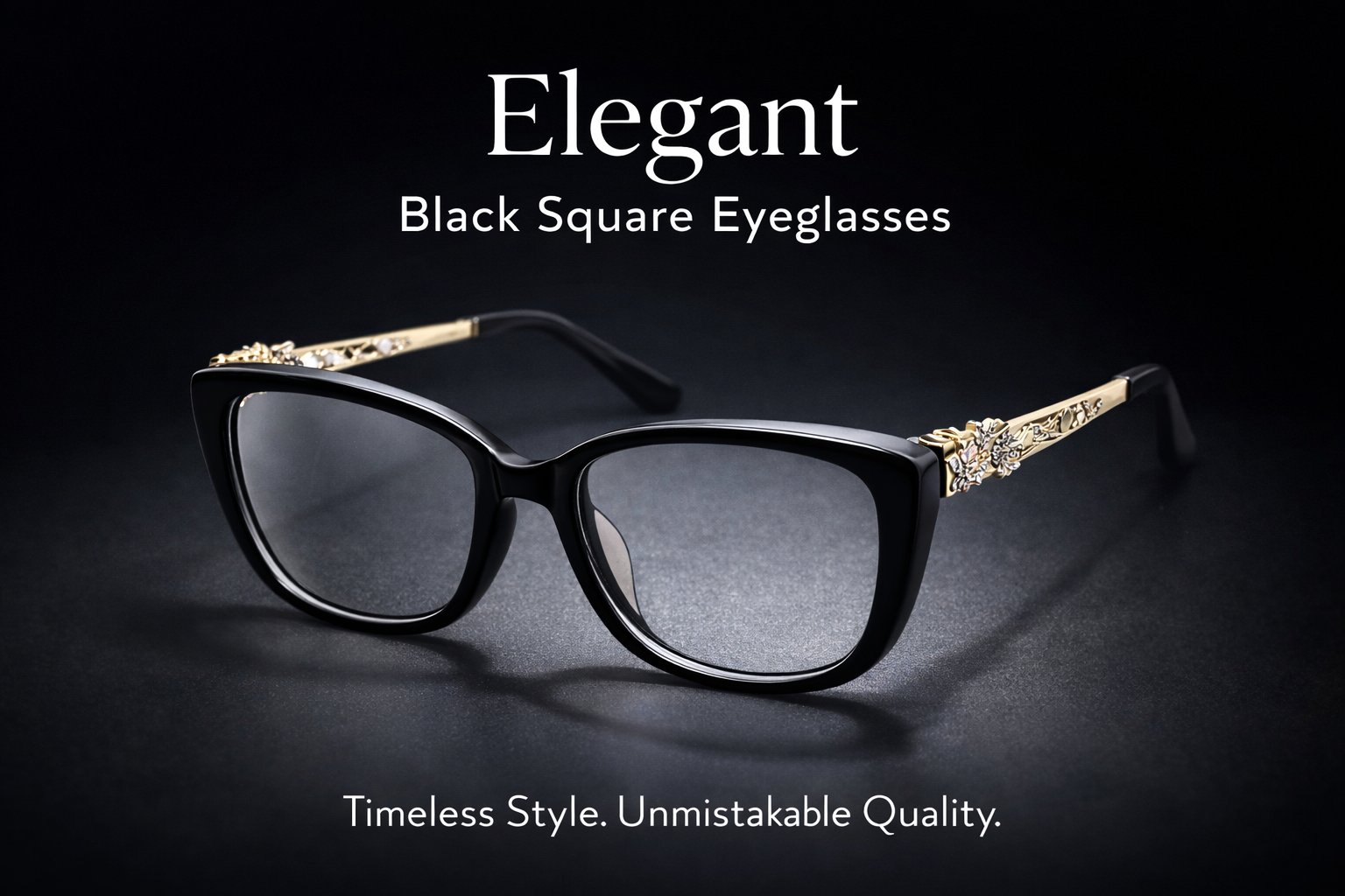 Elegant black square eyeglasses with floral temple