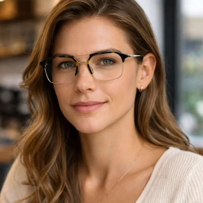 Female model wearing Lenstick geometric eyeglasses