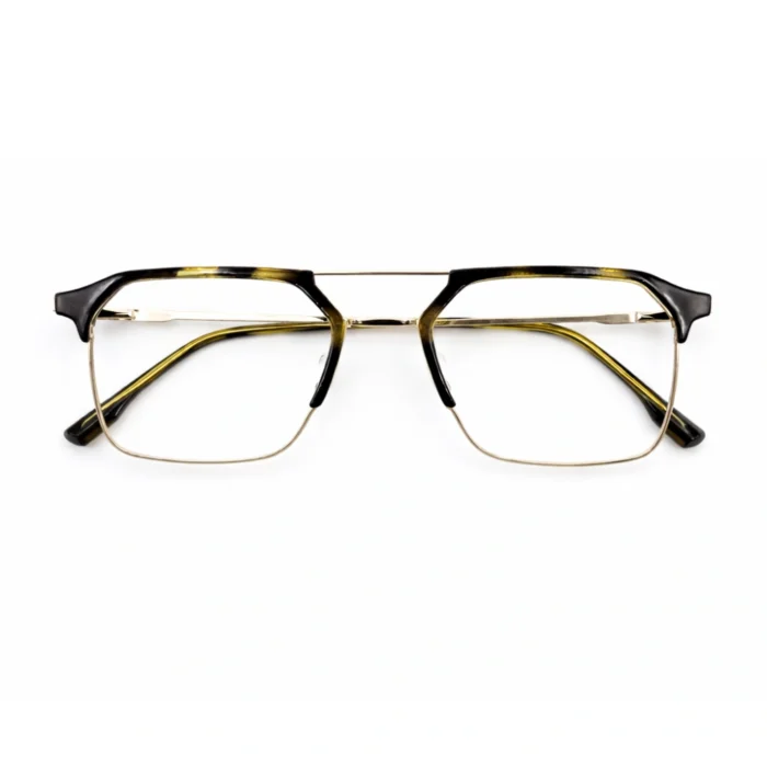 Front view of Lenstick black gold eyeglasses symmetrical frame