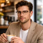 Man wearing Lenstick eyeglasses holding coffee in cafe