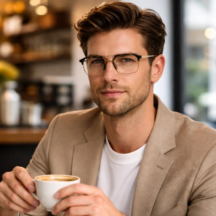 Man wearing Lenstick eyeglasses holding coffee in cafe