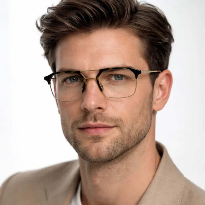 Male model wearing Lenstick black gold eyeglasses