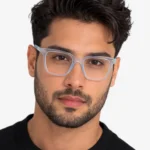 man wearing square transparent glasses clear frame eyeglasses lenstick