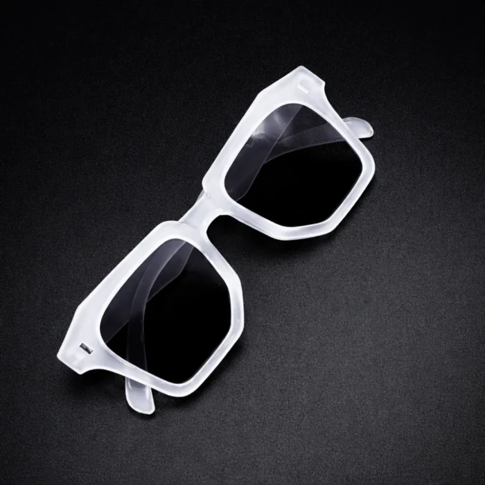 Matte clear square sunglasses temple detail transparent frame fold