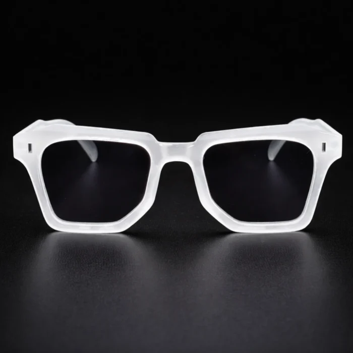 Matte clear square sunglasses temple detail transparent frame front