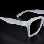Matte clear square sunglasses temple detail transparent frame close up right