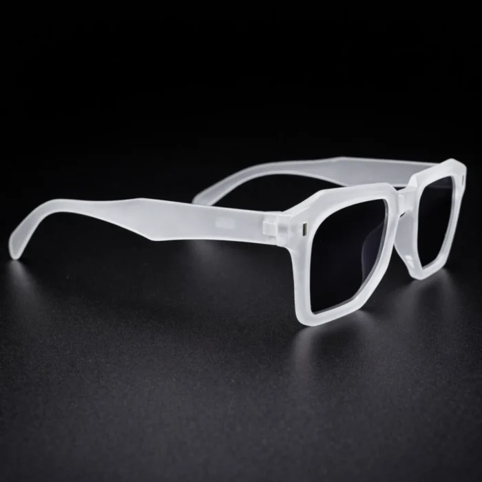 Matte clear square sunglasses temple detail transparent frame left side