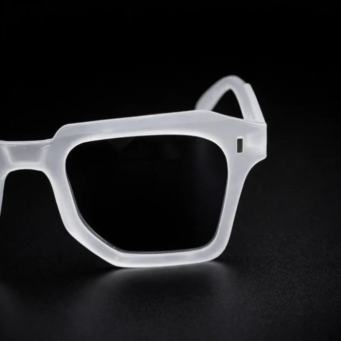 Matte clear square sunglasses perspective view with black lenses