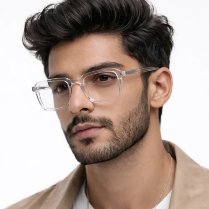 Man wearing square transparent glasses clear frame eyeglasses