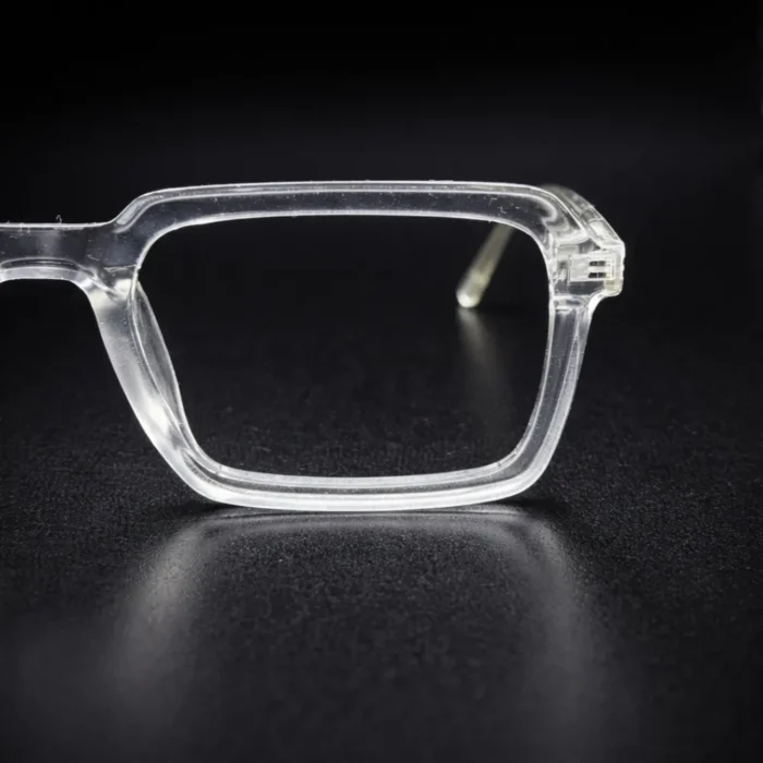 Transparent eyeglasses clear frame side view square close up